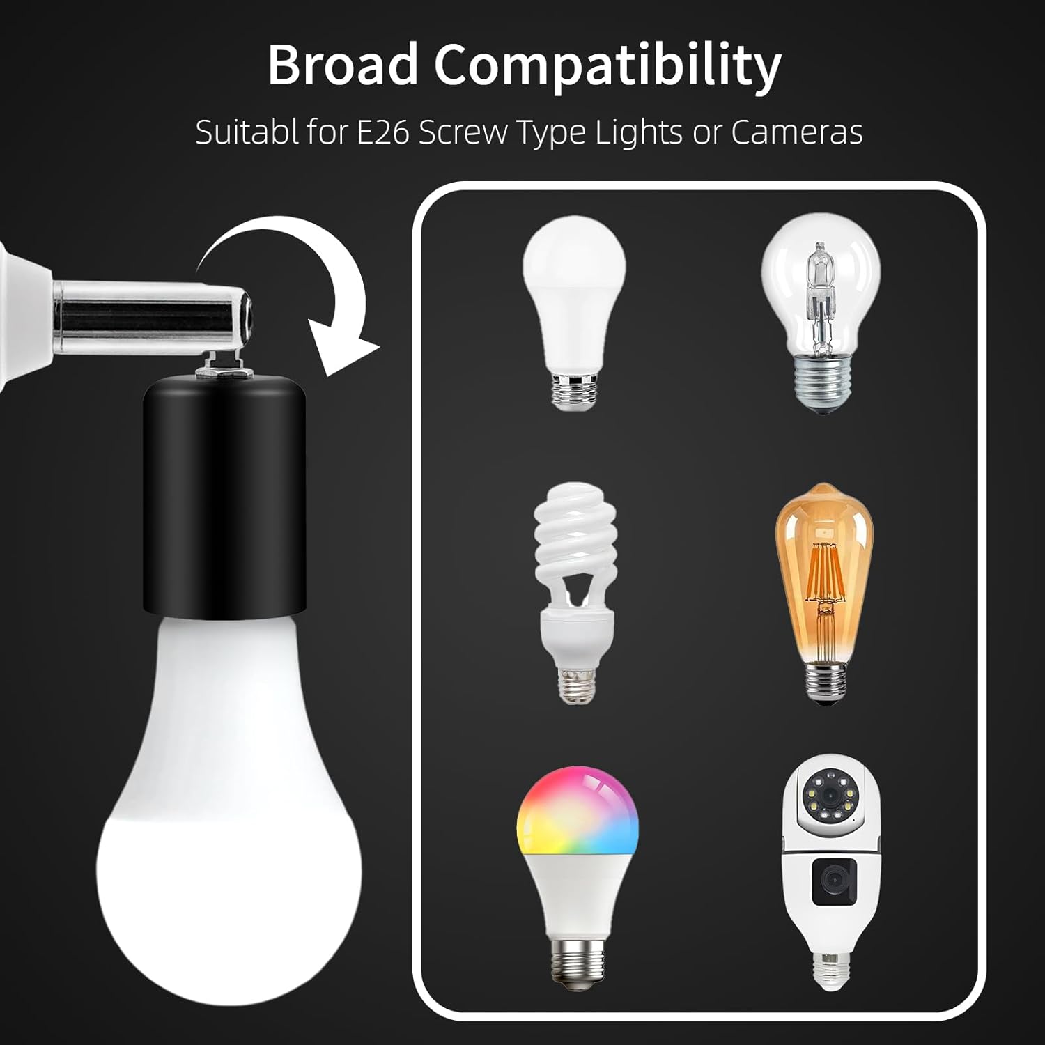 E26 Light Socket Extender - Metal Housing & Ceramic Socket, 360 Rotate, 90 Adjustable, 150W@110V, Heat-Resistant, Rock-Black Color, Perfect for Lamps, Fans, Light Bulb Cameras (2)