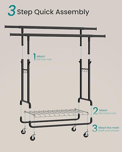 Miniatura 6 de SONGMICS Perchero de Ropa, Perchero de Ropa Rodante de Servicio Pesado con Ruedas, Barras Colgantes Dobles Extensibles y Altura Ajustable, Portátil,