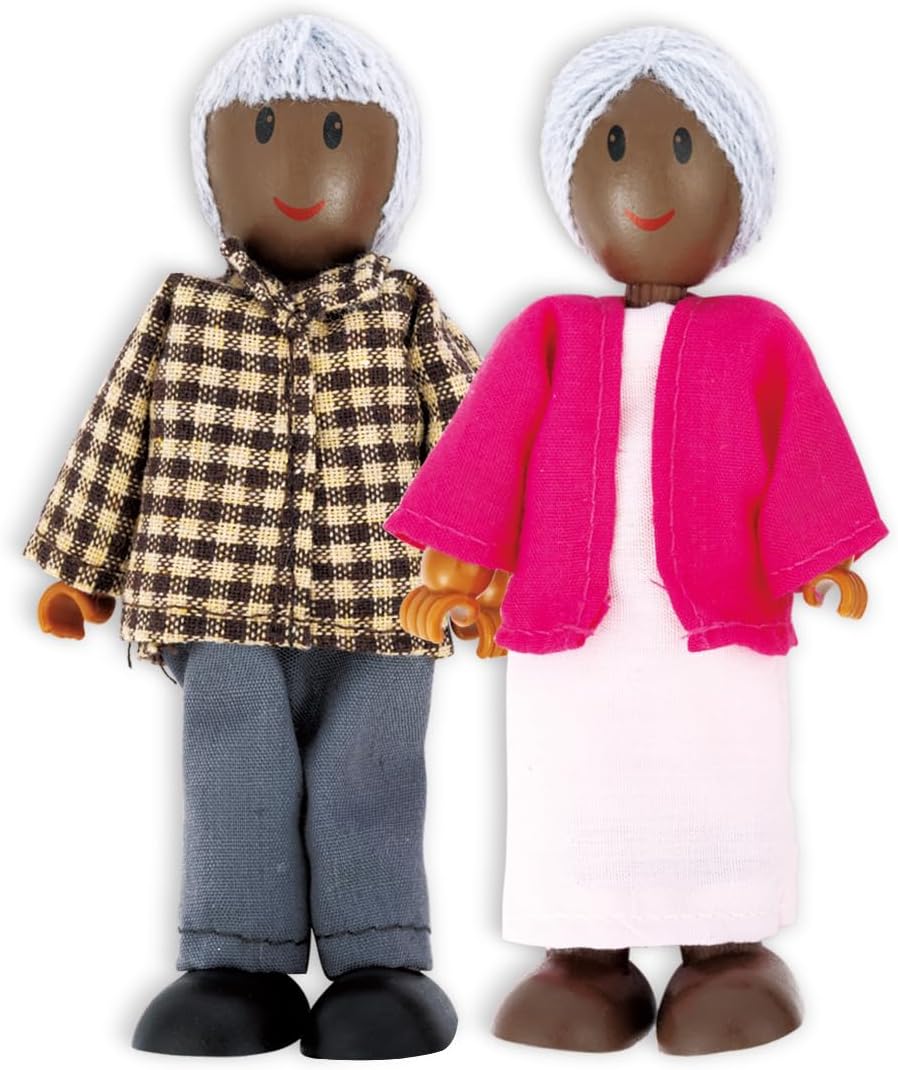 Hape African American Wooden Doll House Family| Dollhouse People Set of 6 Action Figure Set| Wire Adults: 4.3" H; Kids: 3.5" H