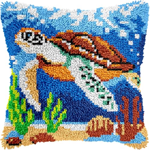 Image of veirousa Traveling Sea Turtle Latch Hook Kits for Adults, Beginners Ocean Latch Hook Pillow Kit Pre-Printed Latch Hook Rug Kits Cross-Stitch Embroidery Cushion for Home Sofa Decoration 17x17 in.