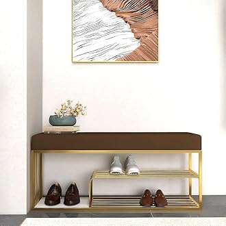 End of Bed Bench-Upholstered Entry Shoe Storage with Nailhead Trim,Black Mental Frame Ottoman Bench for Bedroom Entry Window Mudroom Living Room (Brown Gold)