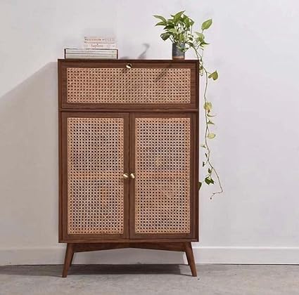 Kamoni Exclusive Solid Rosewood (Sheesham) Mid Century Rattan Hand Weaved Crafted 2 Doors Mini Home Bar Cabinet, Lacquer Finish Honey Brown, Size : 32x42x16 inch