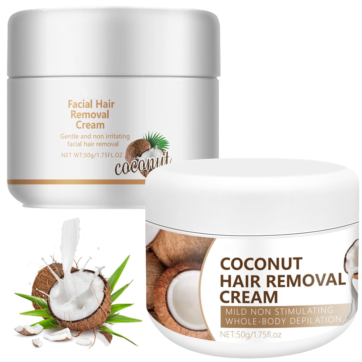 Facial Depilatory Cream and Body Hair Removal Cream for Women, Coconut Remover for Upper Lip and Chin for Face Hair Remover for Body Sensitive Skin Gentle and Non-Irritating (2PCS)