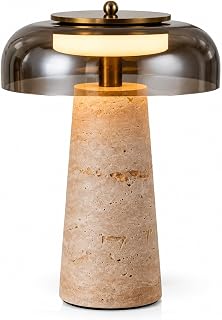 Nature Travertine Table Lamps with Smoked Glass lamp Shade | Portable Bedside Stone Nightstand Light, Modern Mushroom Lamp for Living Room,Study Room,E26 Base and LED Bulb Included