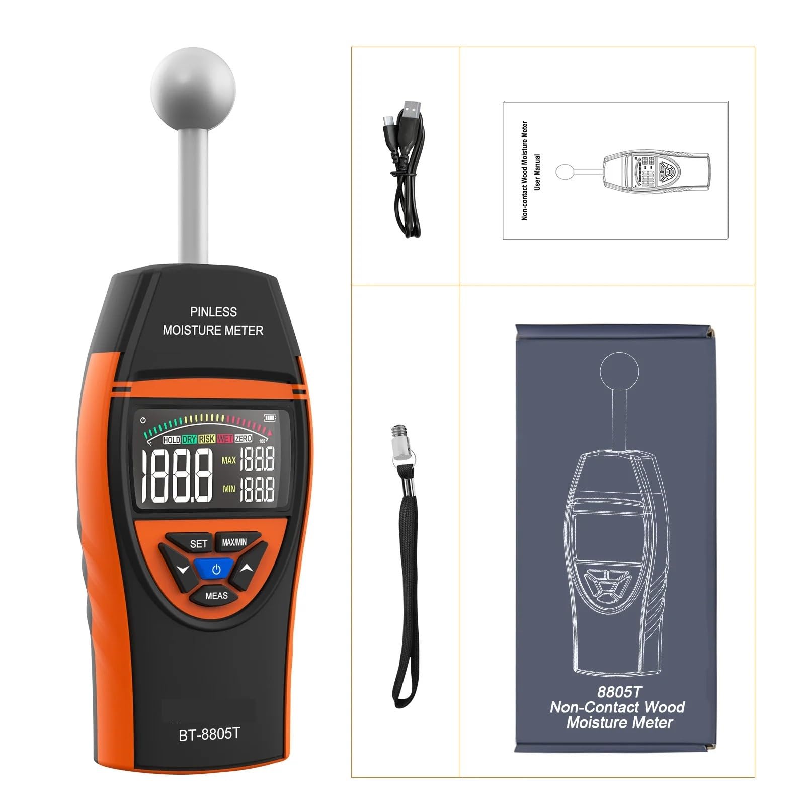 Feuchtigkeitsmesser, Berührungsloser Holzfeuchtigkeitsdetektor, digitales Holzfeuchtigkeitsmessgerät, LCD-Bildschirm, Hygrometer, Alarm, Feuchtigkeitstester, stiftlose Erkennung