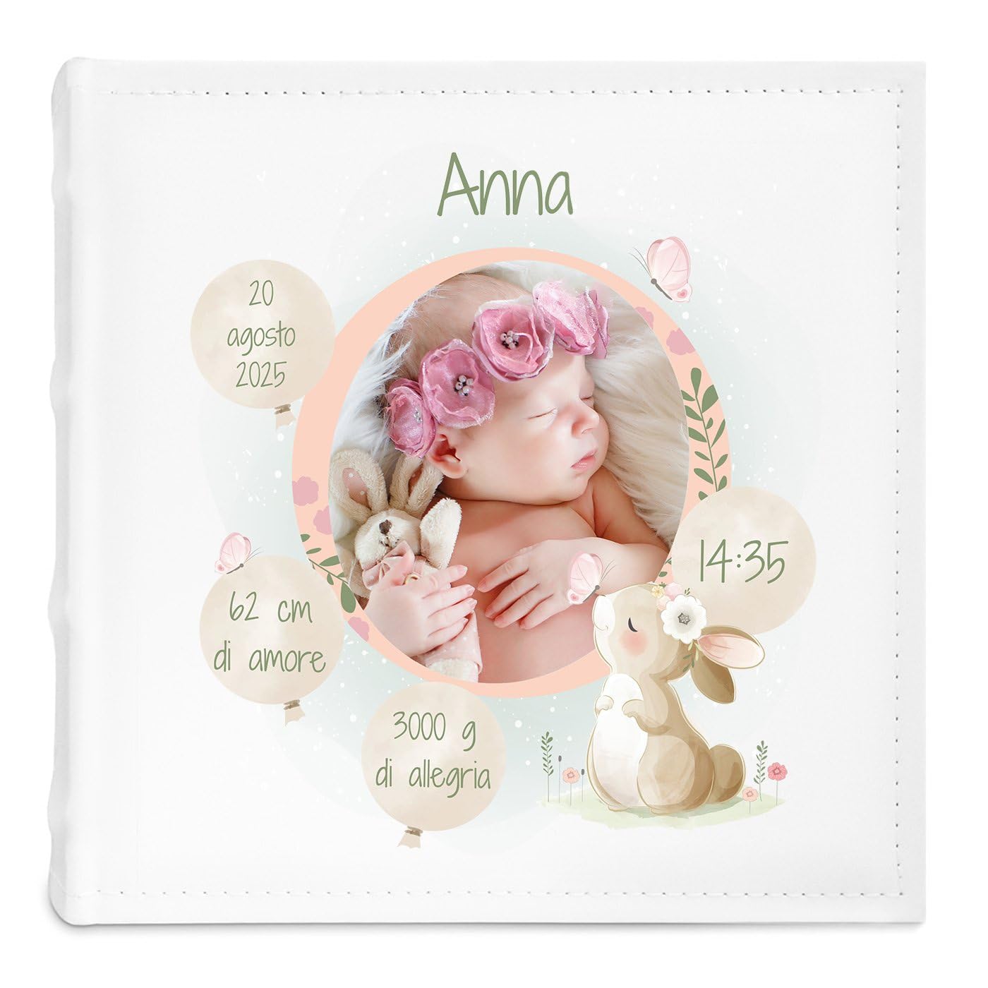 Maverton Album Fotografico Personalizzato - Album foto per neonata - Copertina in Pelle Sintetica Bianca Personalizzata con Stampa - 100 pagine - 200 foto 10x15 cm - regali neonata - Coniglio
