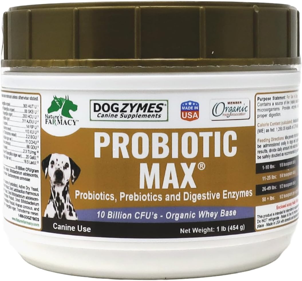 Dogzymes Probiotic Max -10 Billion CFU's Probiotics, Prebiotics, Digestive Enzymes - Relieves Diarrhea, Upset Stomach, Constipation, Gas, Allergy, Immunity & Overall Health 1 Pound