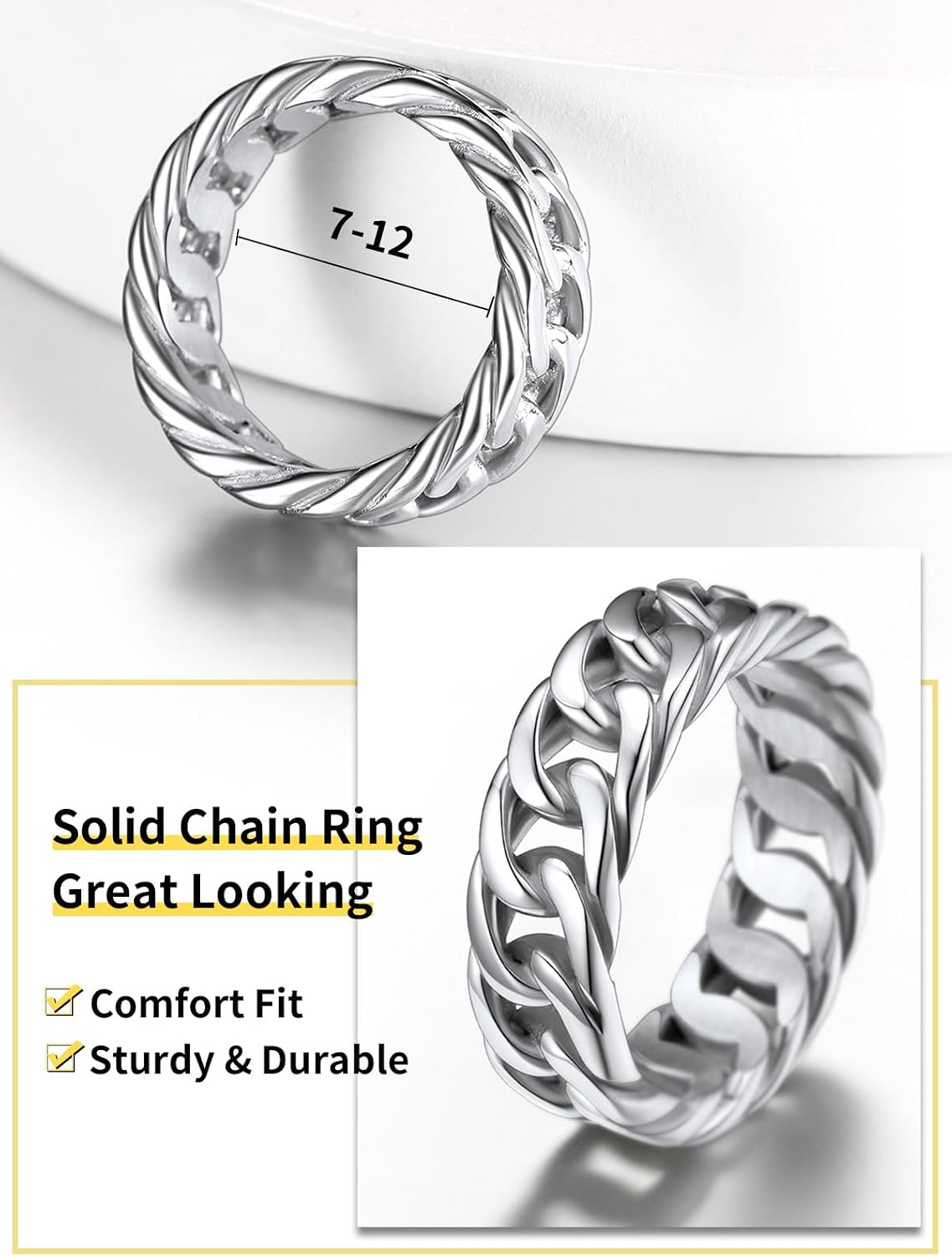 ChainsHouse Rings for Men Women Stainless Steel Band Cuban Link Ring,6.4MM-7MM Wide/Size 07-14, with Gift Box