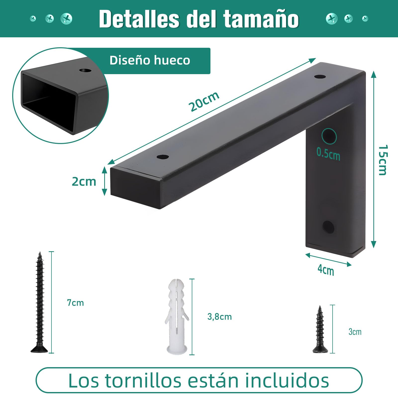 MLOQI 4 Piezas Escuadras para Estanterias, Soportes para Estantes, Escuadras Metalicas de L, Soportes de Pared para Lavabo con Tornillos Capacidad de Carga 50 kg (Negro 20 cm)