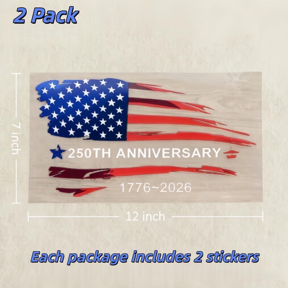 2PCS 4th of July Car Patriotic Stickers American Flag Vinyl Car Decals 250th Anniversary USA Flag Window Clings for Vehicle and Home Wall Independence Day Decoration, 12 Inches