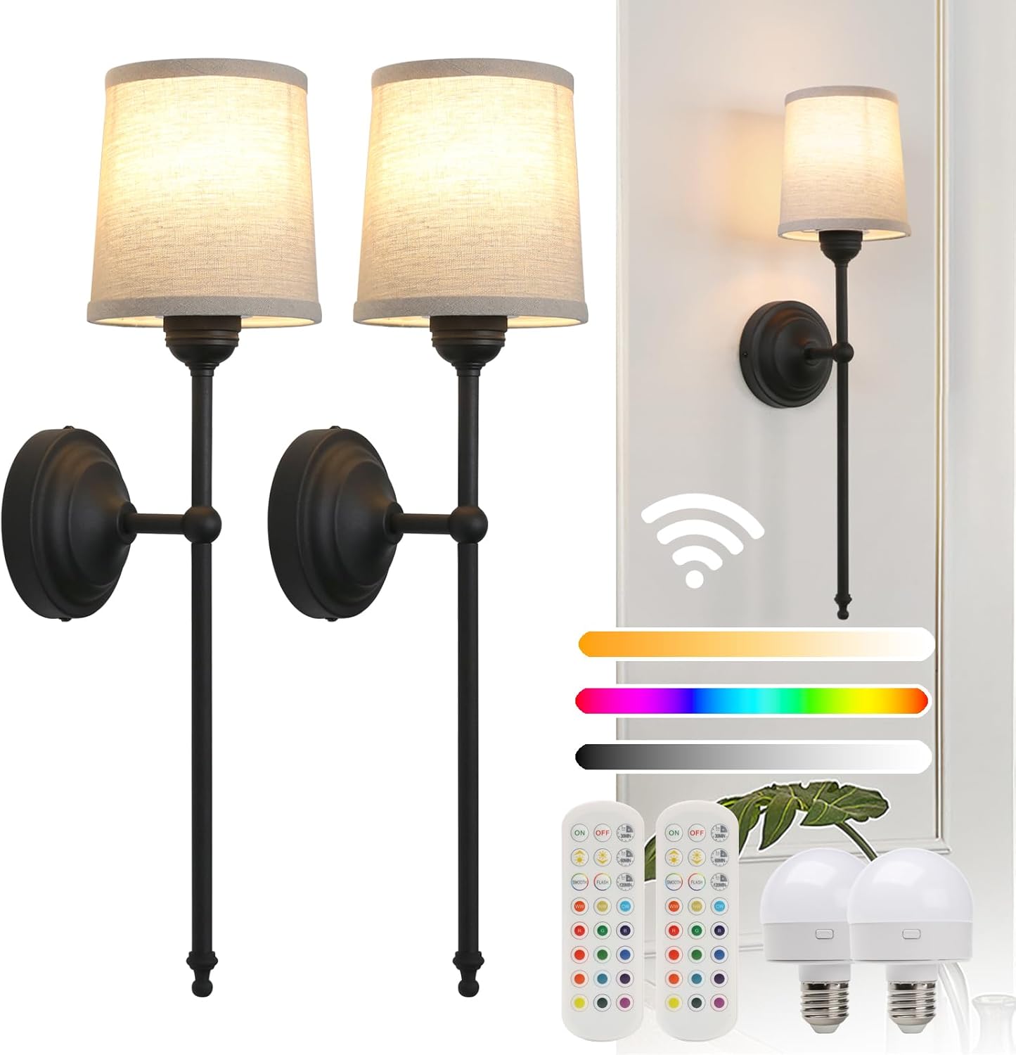 Set Of 2 Battery Operated Wall Sconces - Rechargeable RGB Color Changing Sconce With Remote, No Wiring