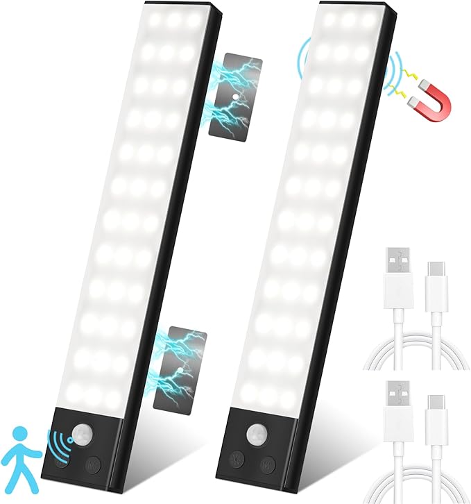 Suprbee 2 stuks 22,5 cm onderbouwlamp, keuken, led-kastverlichting met bewegingsmelder 1500 mAh, USB-C oplaadbaar, dimbaar, draadloos nachtlampje voor kast, trap hal