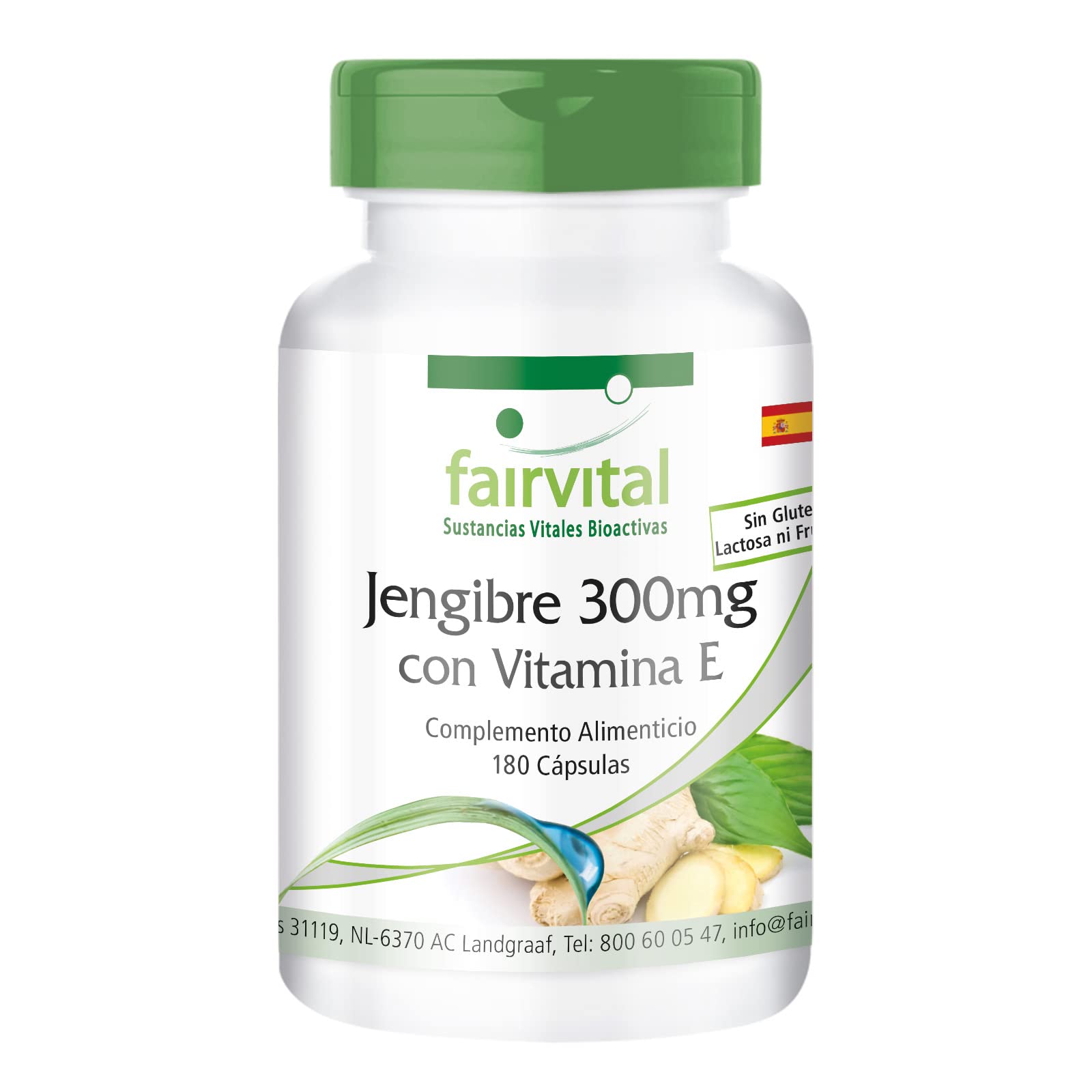 fairvital Jengibre 300mg con vitamina E, 180 cápsulas, fáciles de tragar, ALTA DOSIS, VEGANAS