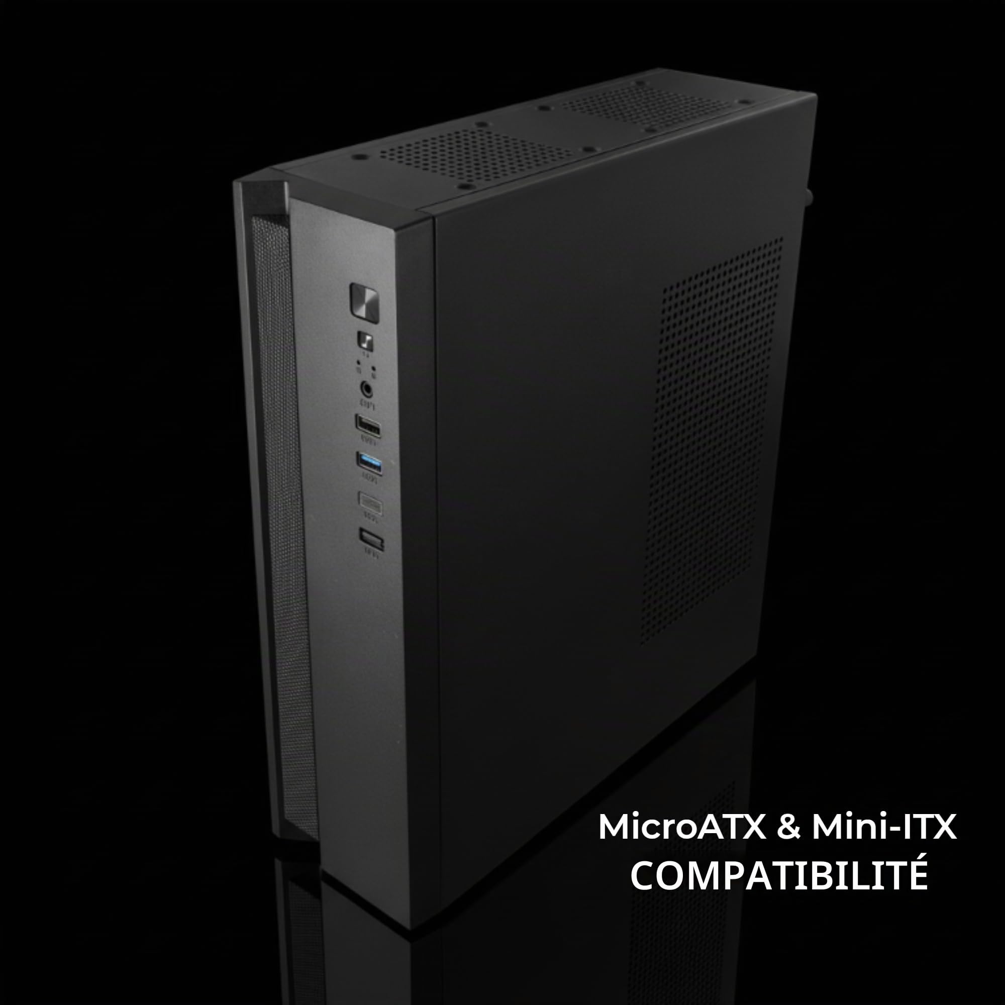 Tacens Anima ACSLIM500, Boîtier PC MicroATX, Design Slim Double Horizontal ou Vertical, Alimentation TFX 500W, Façade avec Grille Airflow, Mini-Tour Ultra-compacte avec USB-C et USB 3.0, Noir