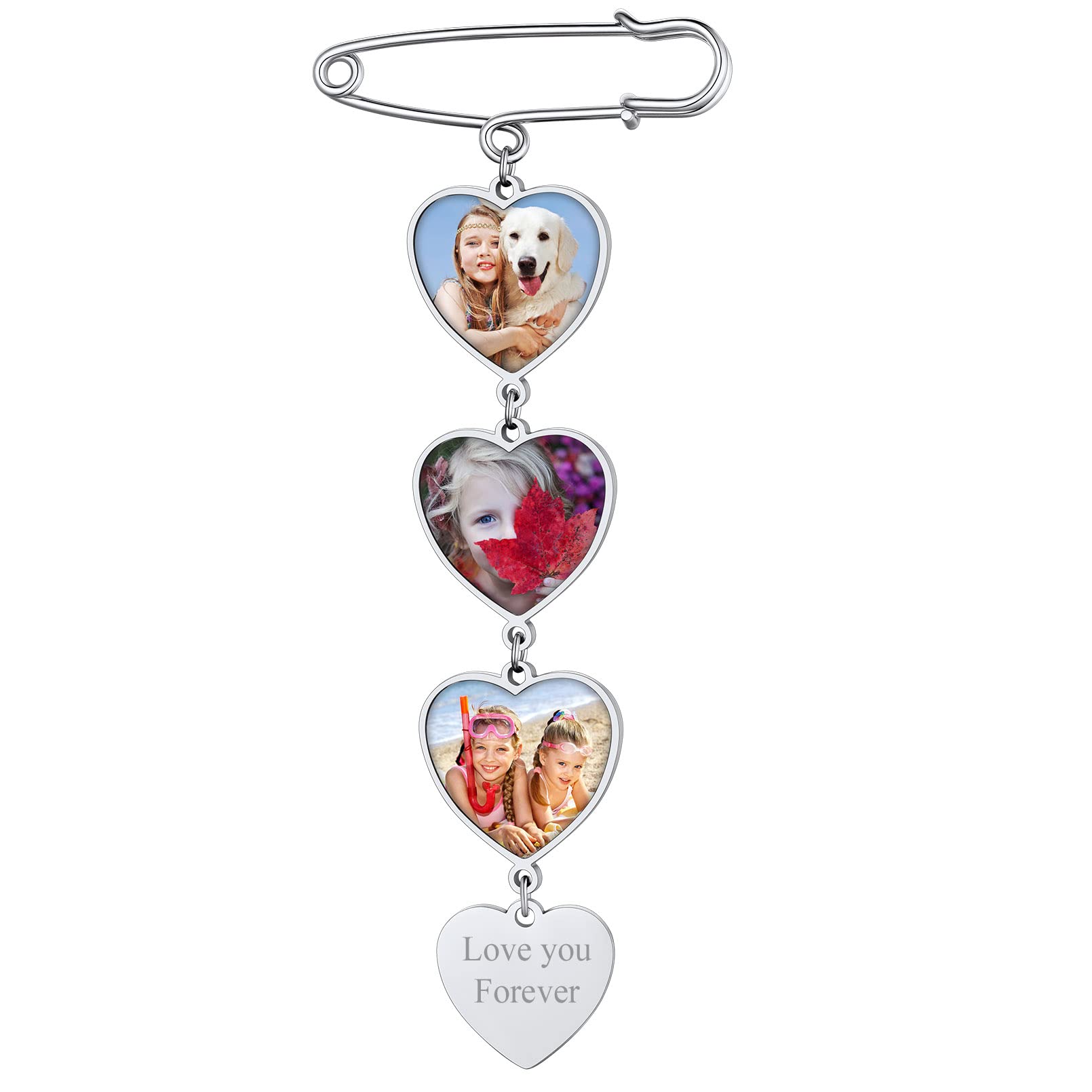 Custom4U Personalisierte Damen Herren Brosche mit 3x Fotoanhänger mit Gravur für Memorial Anhänger Brautstrauß Ansteckblume Bräutigam Edelstahl DIY Anstecker Silber für Hochzeit Weihnachten