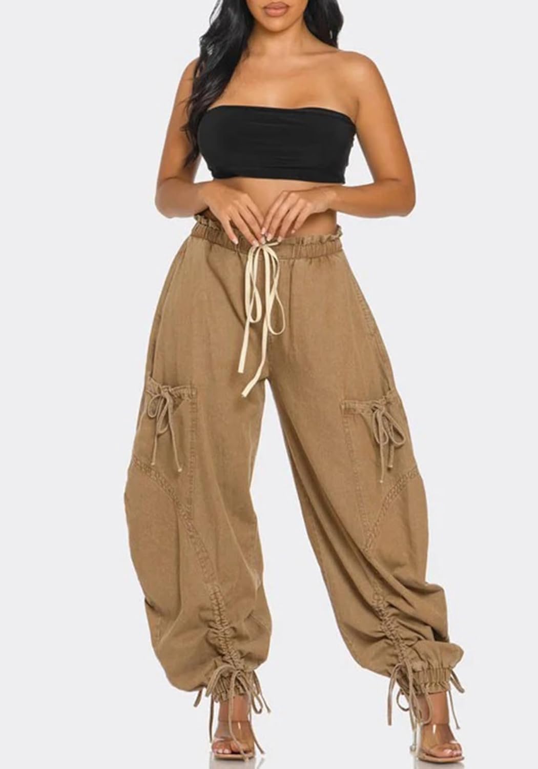 LETSVDO Women's Baggy Cargo Jogger Jeans High Waisted Wide Leg Drawstring Bow Pockets Loose Harem Denim Pant Sweatpants - Image 4