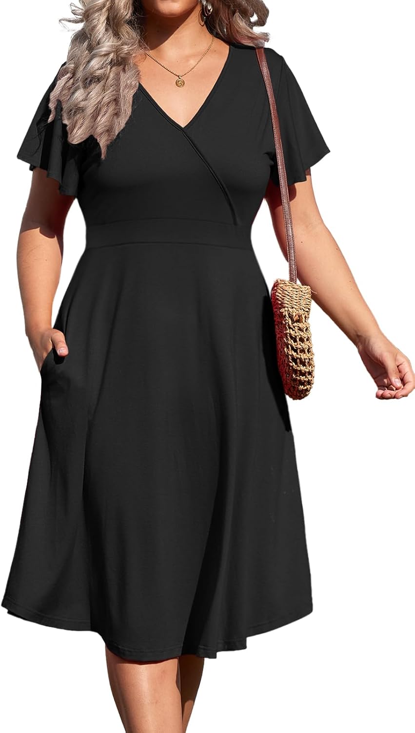 D.Q.RZhong Women's Plus Size V Neck Dress Short Ruffle Sleeve Casual Summer Waistline Tunic Midi Dress with Pockets