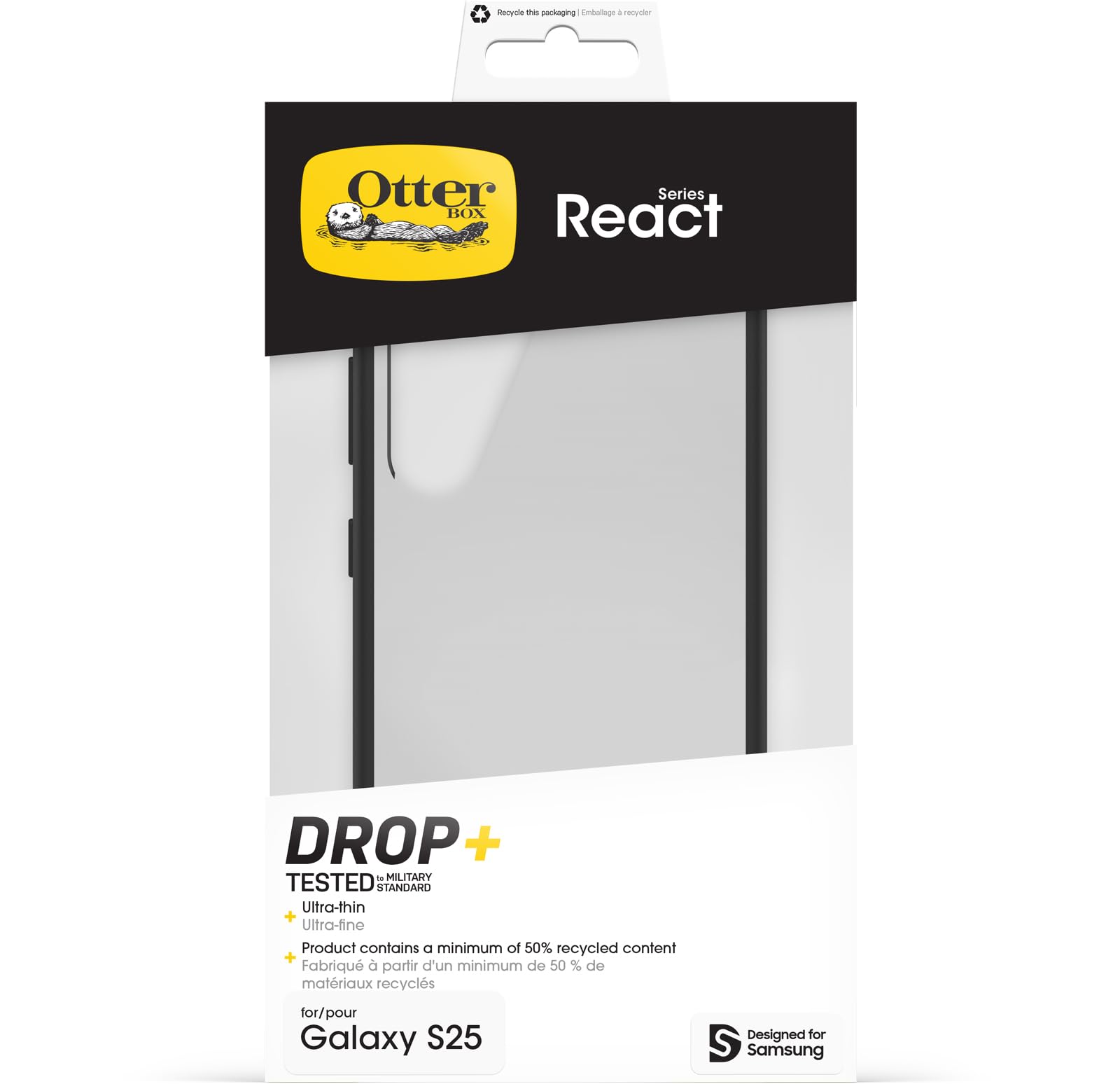 Funda para Samsung Galaxy S25 OtterBox React Series,Resistente a Golpes y caídas,Ultra-Fina, Protectora,Testada con los estándares Militares anticaídas, Transparente/Negro