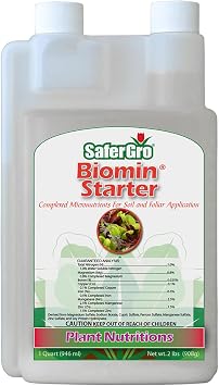 SaferGro Biomin Starter, Liquid Fertilizer, Complexed Minerals for Deficiency or Supplement, Soil and Foliar Application, 1 Quart