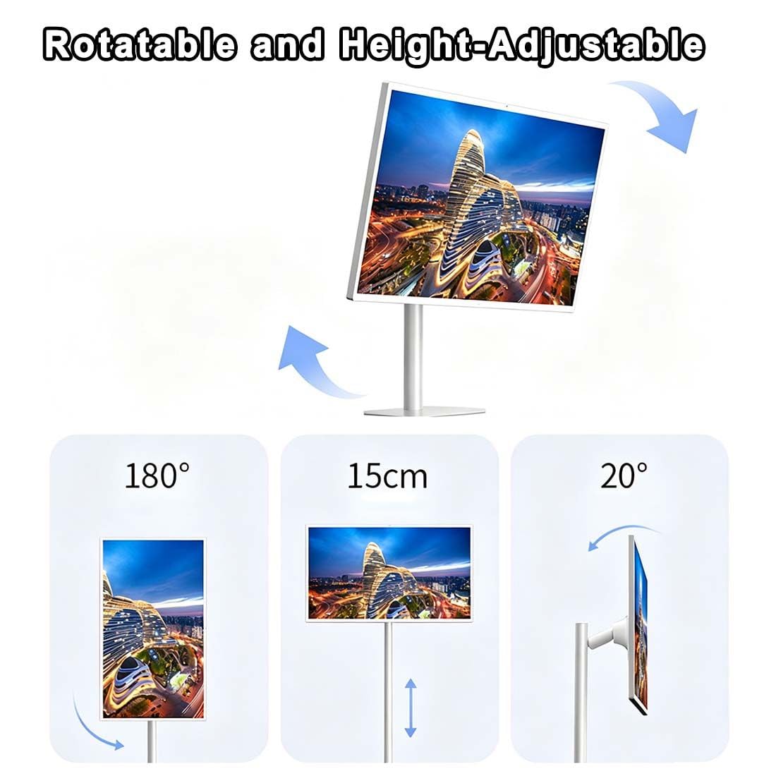 Smart TV Portatile Da 32 Pollici Su Ruote,Monitor Touchscreen 4k Uhd Con Operativo Android,Supporto Girevole Completo Con Ruote,Trasmissione Wireless,Batteria Integrata,8+128 GB