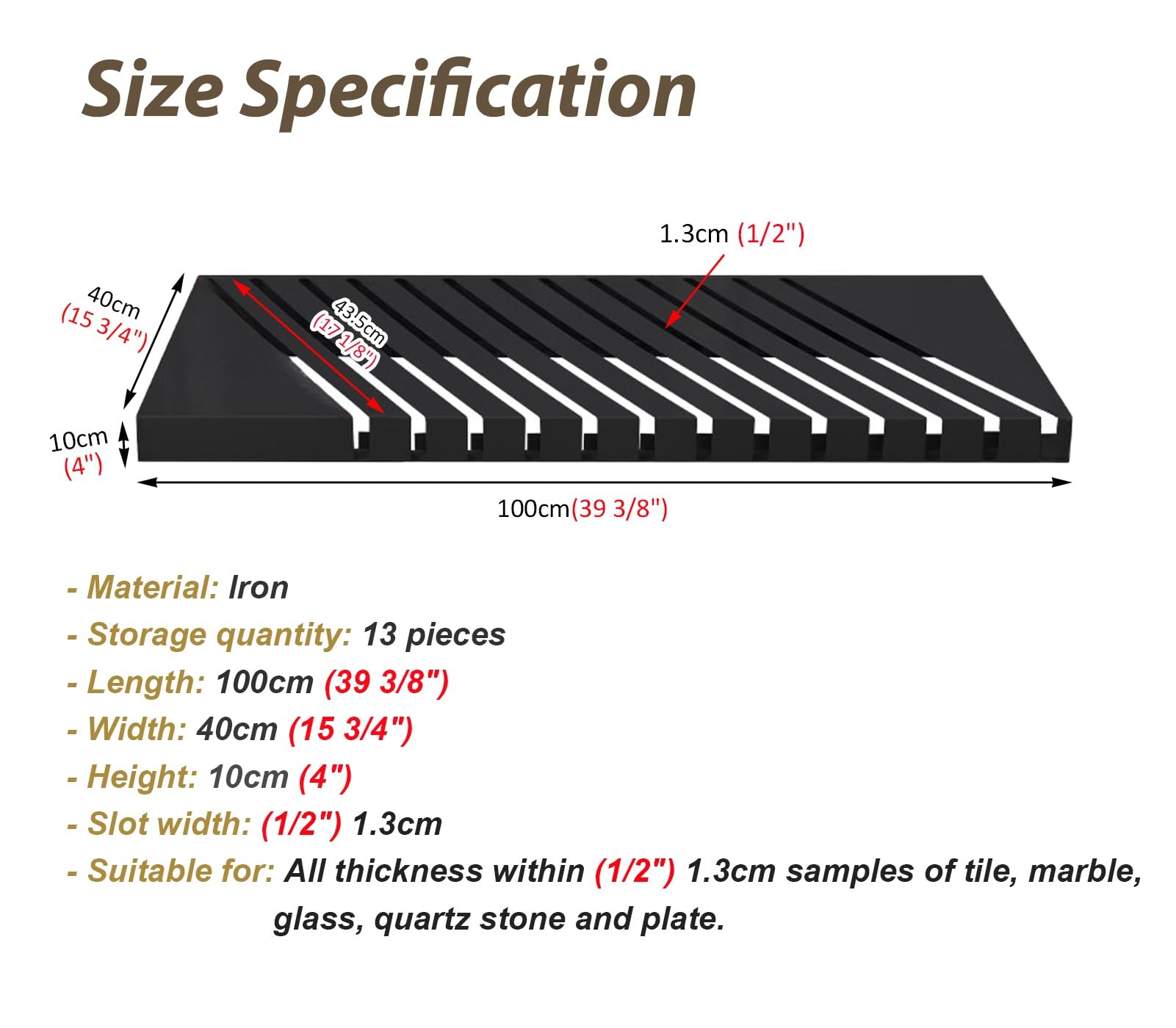 Genérico Estante de exhibición de Metal Resistente para muestras de Azulejos, Soporte para Pisos de cerámica y Madera, Soporte para Platos de Porcelana/Puerta de 13 Ranuras, 40 cm (15,75") - Negro