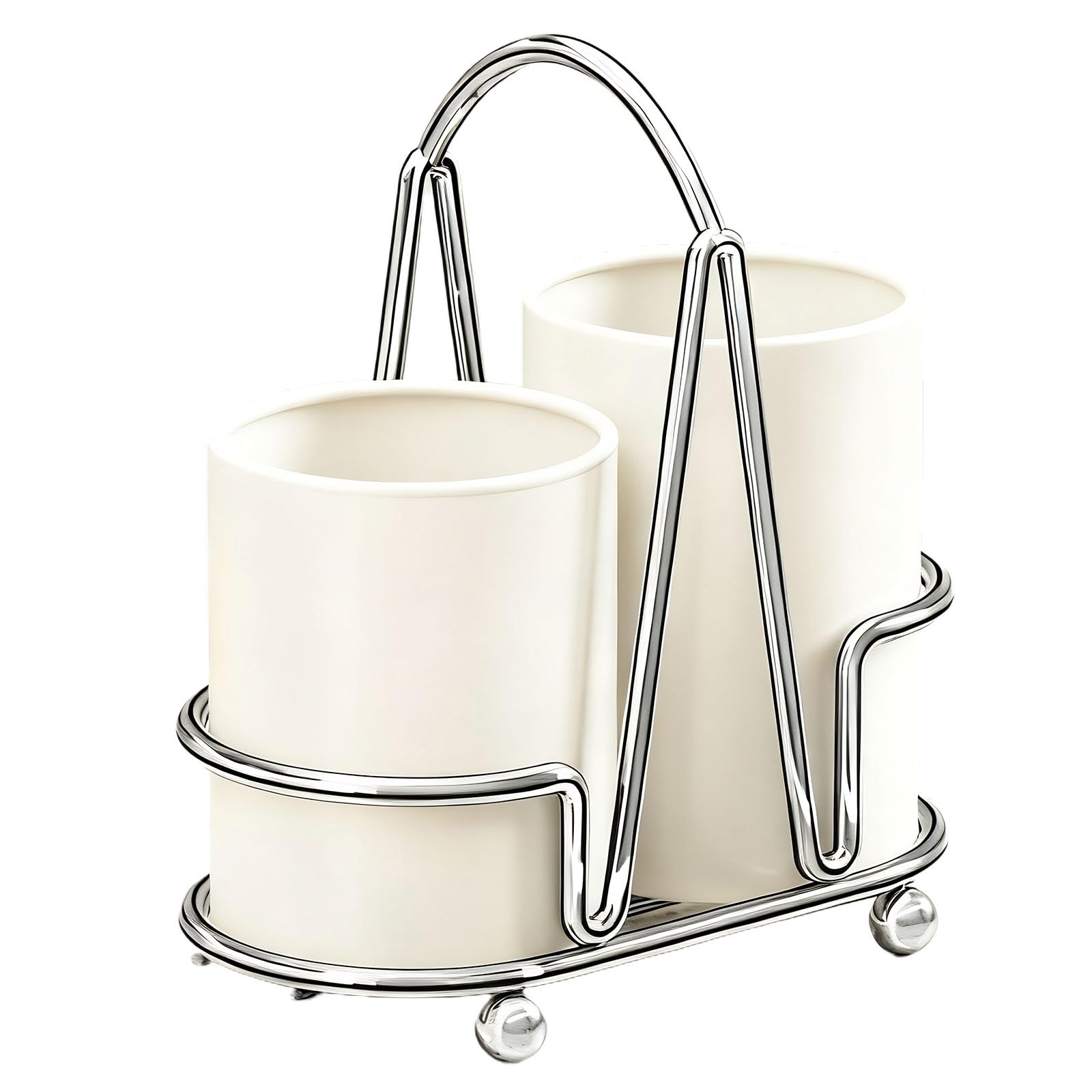 Packool Silverware Holder For Countertop, Beige White Utensil Holder For Kitchen Counter with Dual Compartments, Stainless Steel Frame, 7.9 x 4.3 x 8.1 in / 20 x 11 x 20.5 cm Utensil Drainer Rack