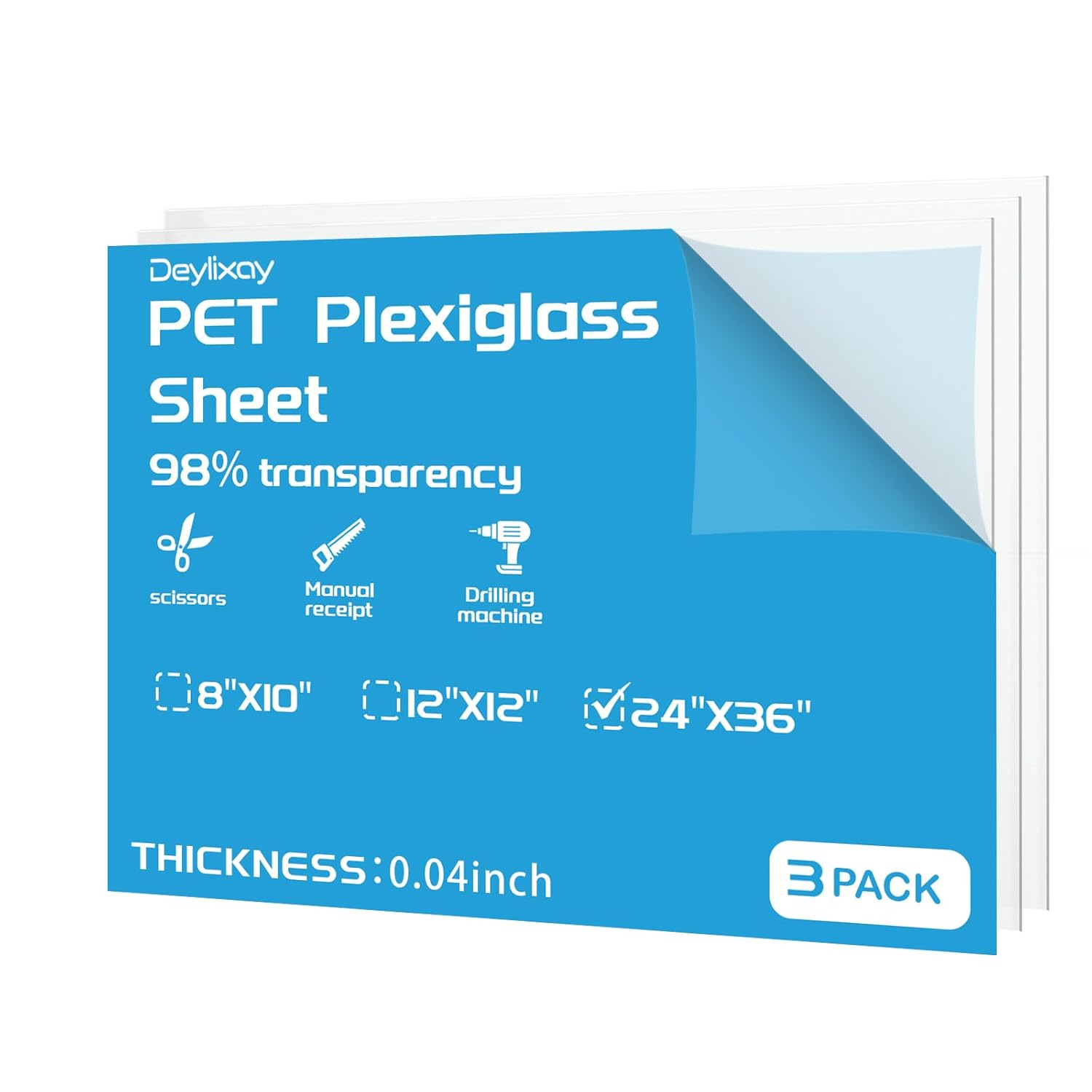 Deylixay-24x36 Thick 3Pack 0.04 Plexiglass Sheets - 1mm Plastic Sheet Polycarbonate Sheet for Crafts,Signs, Display Cases, Partition,DIY Projects Cut with Engraver,Power Saw or Hand Tools