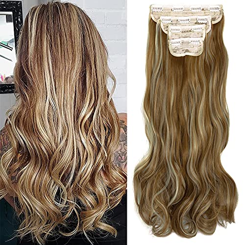 Clip-In-Haarverlängerung, 45.7 cm, 4 Stück, 11 Clips, gelockt, gewellt, dick, voller Kopf, doppelte Tressen, Clip-on, Haarteile für Frauen, Ginger Brown Mix Bleach Blonde Cover