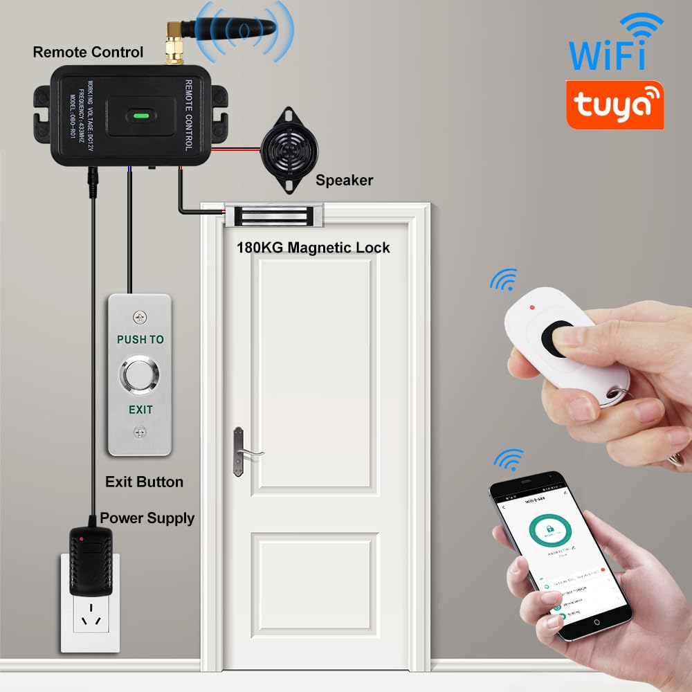 HERNAS Smart APP Kit de système de contrôle d'accès de déverrouillage d'accès WiFi, avec télécommandes/serrure magnétique 180 kg/adaptateur d'alimentation DC 12 V, temps de retard de verrouillage
