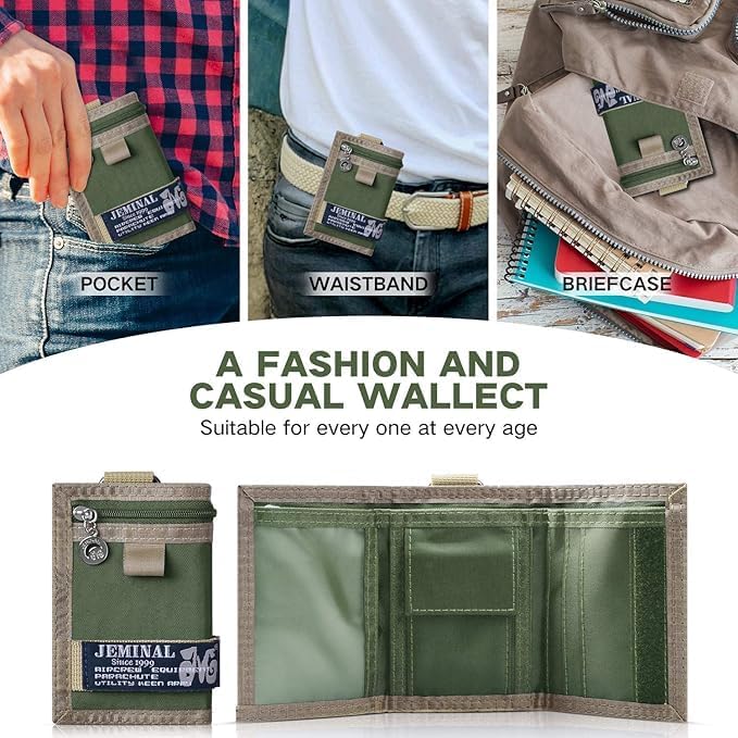 JEMINAL Trifold Wallet for Men Canvas Outdoor Sports Keychain Wallet with Multiple Card Slots and ID Window Green - Image 3