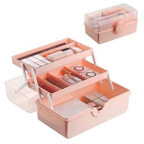 Almacenamiento de maquillaje rosa, caja de aparejos rosa para mujeres con asa. Caja de almacenamiento de cosméticos, estuche de maquillaje portátil