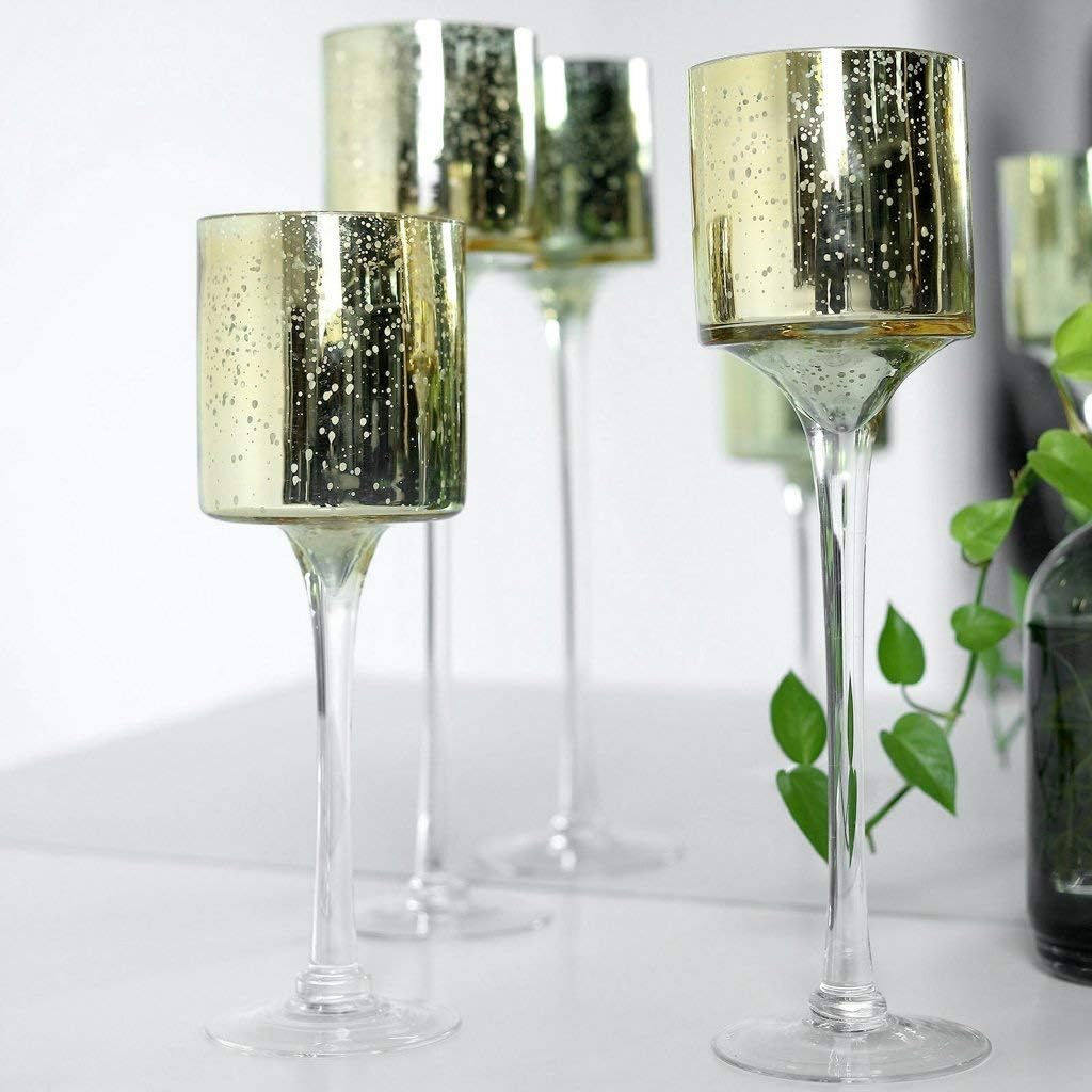 Set of 3 - Long Stem Mercury Glass Cylinder Vase, Candle Holder Set Wedding Decor - 12"|14"|16" - Gold