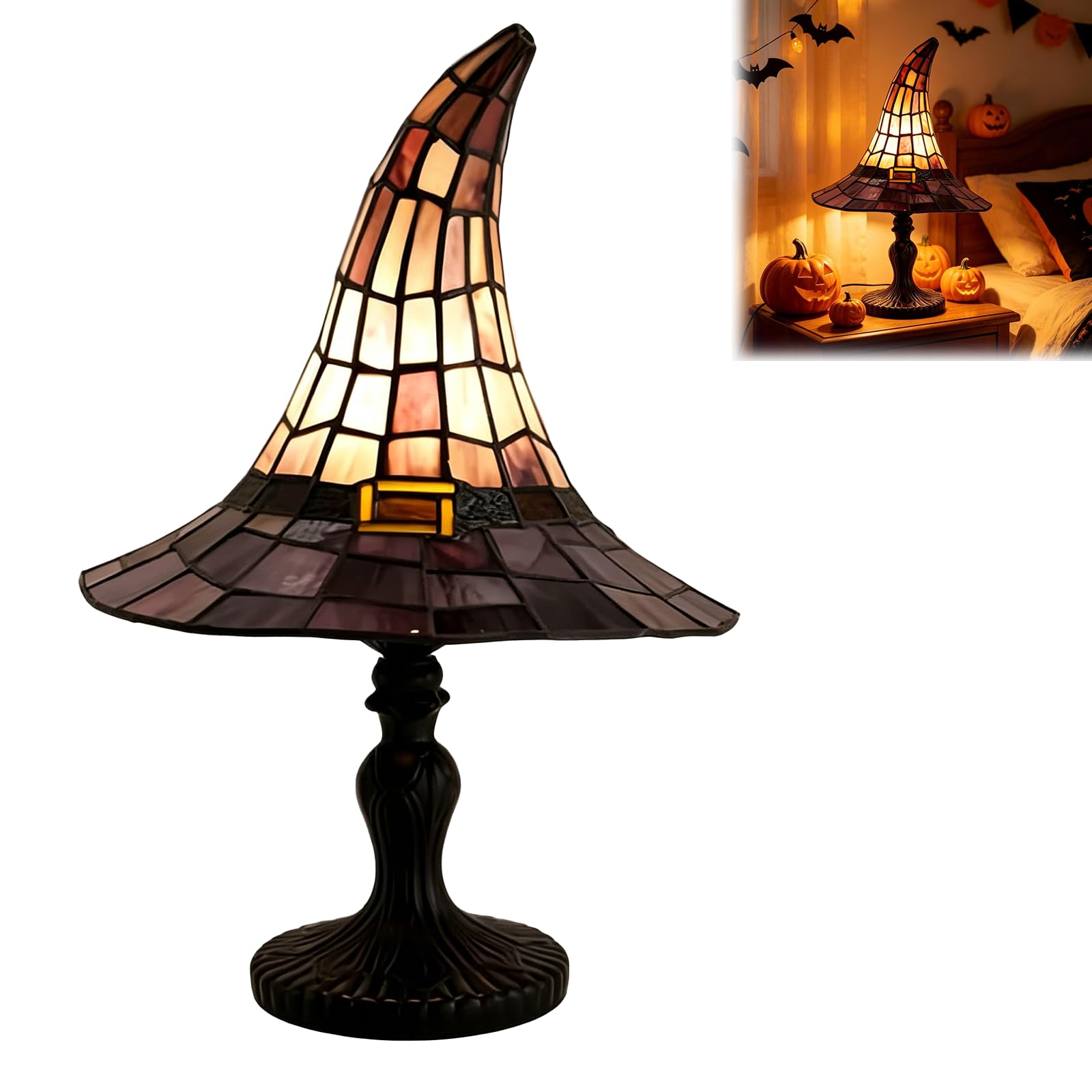 Fenydull Gothic Stained Glass Effect Witch Hat Lamp, Retro Resin Wizard Hat Night Light with USB, Mystical Halloween Home Decor Accent Table Lamp for Bedroom, Bookshelf & Living Room (30cm-1pc)