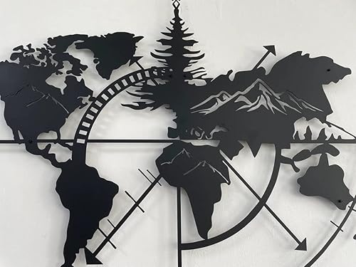 Miniatura 8 de DEKADRON Mapa del mundo de metal de la pared de la montaña decoración del hogar decoración de la sala de estar placa de metal 39.8x29.9 in negro