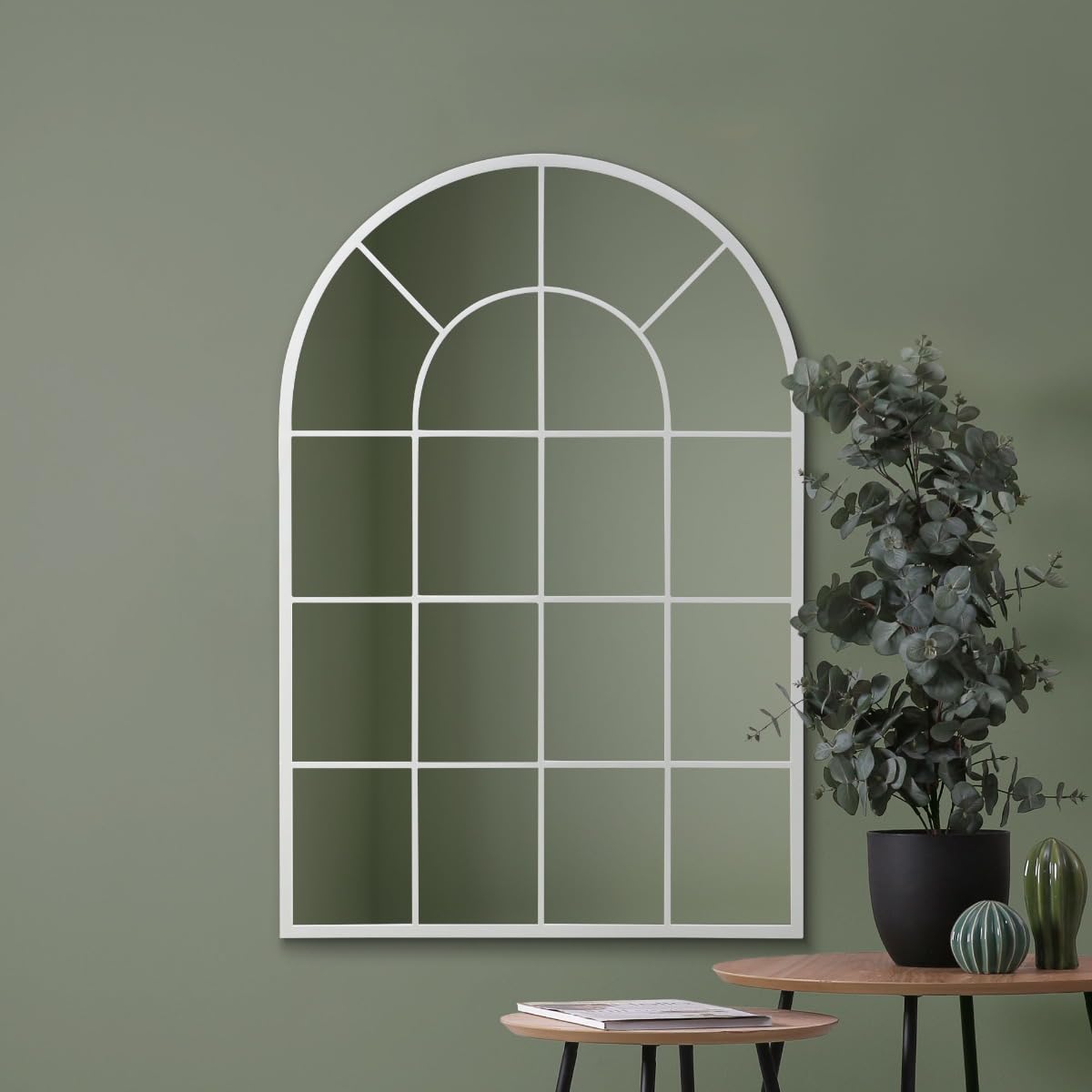 MirrorOutlet The Arcus - White Framed Window Modern Full Length Arched Leaner/Wall Mirror 47" X 31" (120CM X 80CM) Silver Mirror Glass with Black All weather Backing.