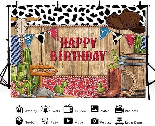 Miniatura 2 de AIBIIN Telón de fondo de cumpleaños de vaquero occidental de 8 x 6 pies estampado de vaca salvaje oeste fondo de fotografía de madera rústica