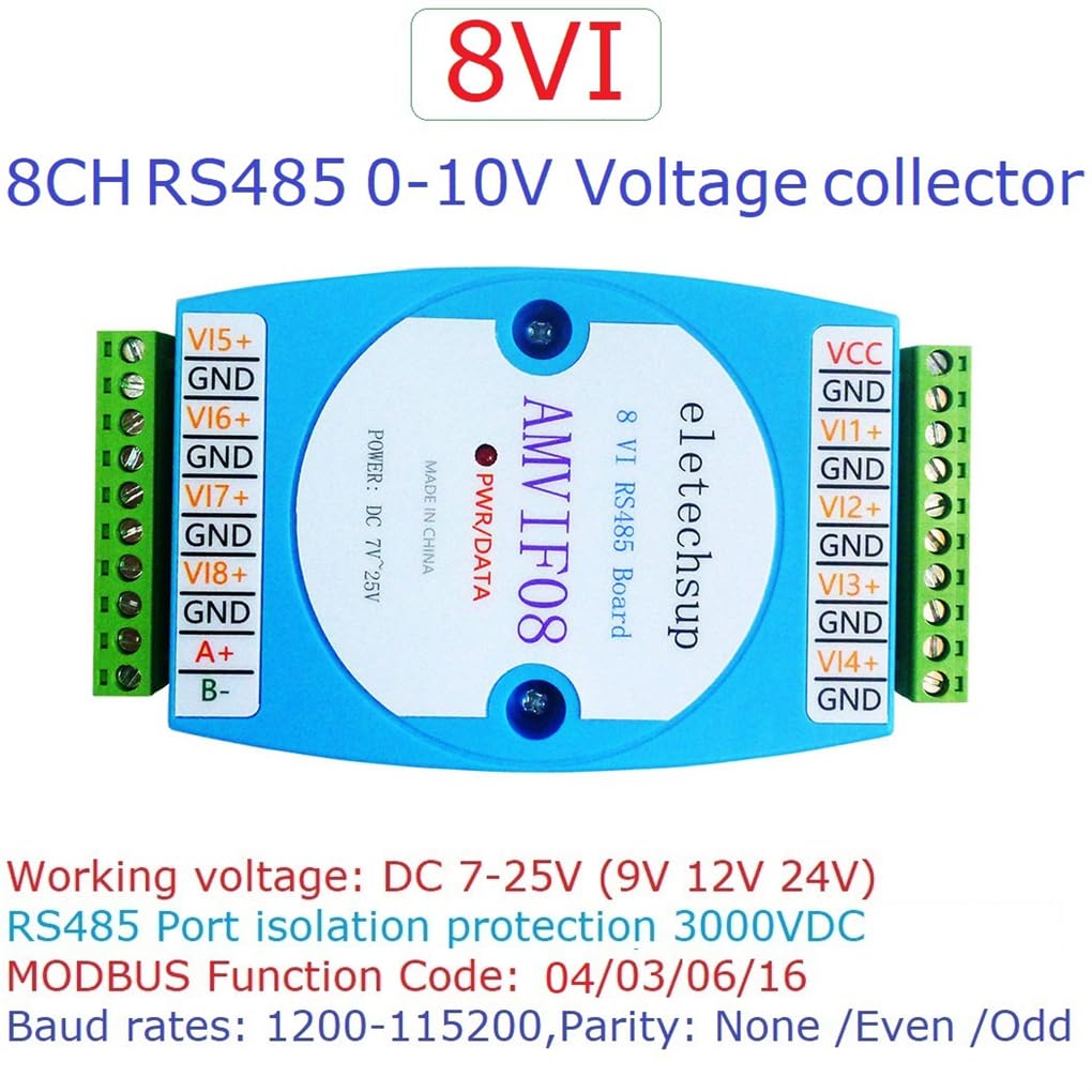 8AI 8VI 4-20MA/0-10V a RS485 Corriente/Voltaje ADC Colector Lectura Módulo de Captura MODBUS RTU PLC Placa DC 12V-24V 8 Canales (AMVIF08 0-10V Instrumentación tensión)