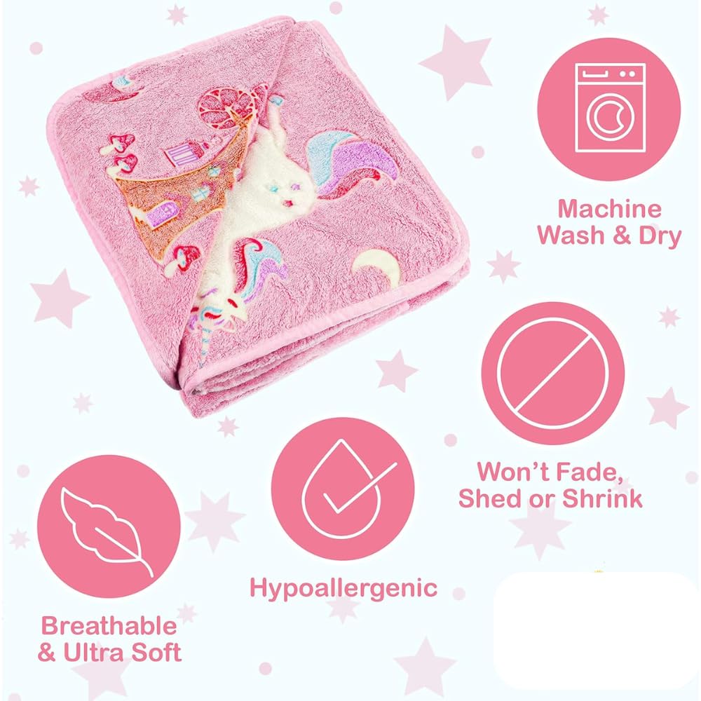 DOCAT Glow Blanket for Kids 0-15 Years, 200×152 cm Double Bed Blanket for Girls Boys, Soft Cozy Flannel Fleece Throw Blankets for Winter, Radium Blanket Ideal Gift for Boys & Girls (Pink Unicorn) 3