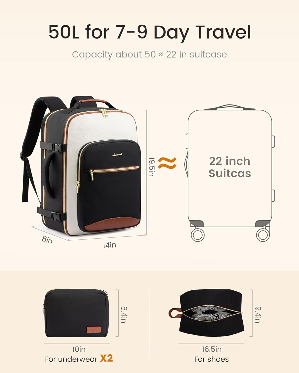 LOVEVOOK 50L Large Travel Backpack for Women & Men, Carry on Backpack Airline Approved, Waterproof Travel Essentials fits 18" Laptop, TSA Personal Item Travels Bag Sports Backpack with 3 Packing Cubes