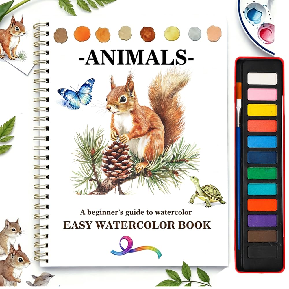 Watercolor Workbook Coloring Books Beginner Friendly Painting Kit for Adults Beginners (Animals, with Palette)