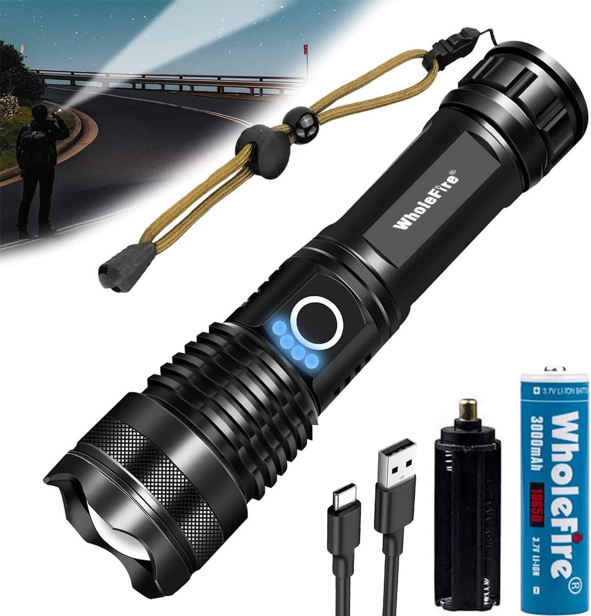 WholeFire LED Torch Super Bright 10000 Lumens, USB Rechargeable Powerful XHP70 Flashlight Zoomable Power Display Torch Light 5 Modes for Camping Outdoor Sport, Battery Include