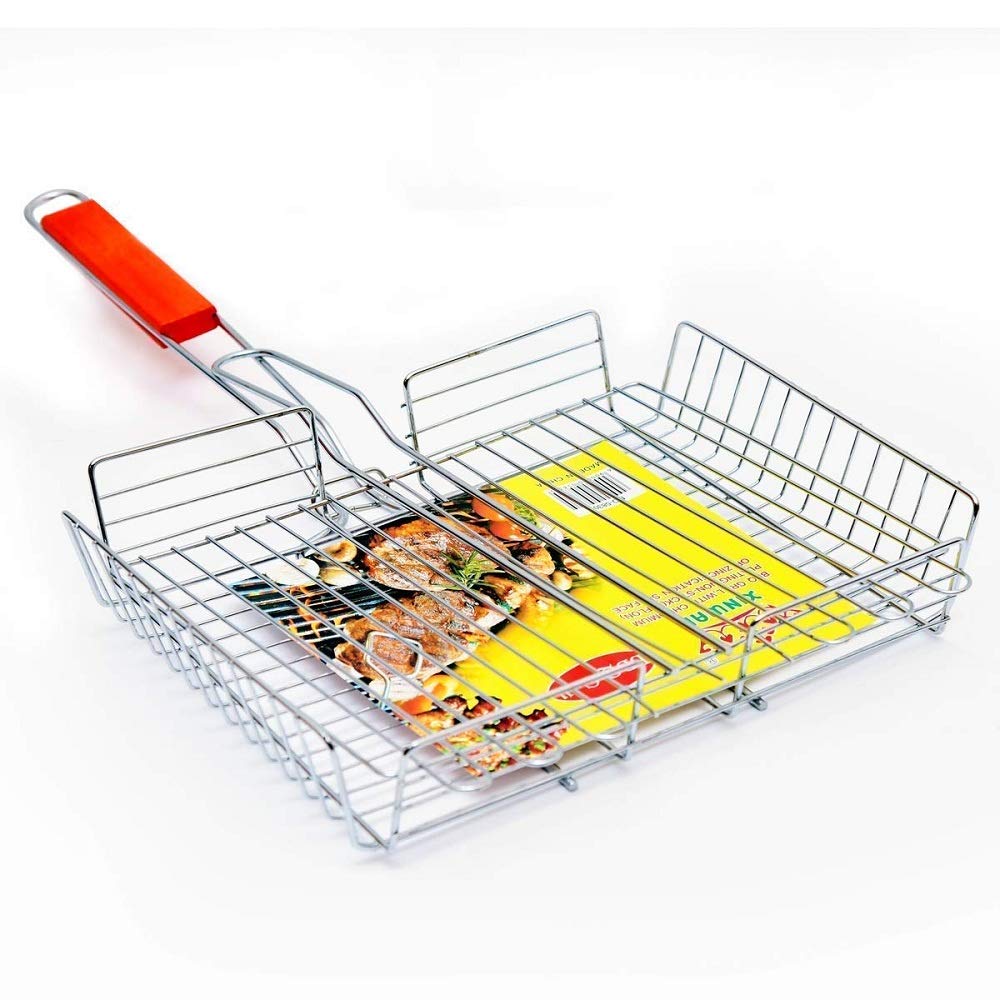 Portable Barbecue Basket Grill with Handle,lid Stainless Steel BBQ Square Wired Grill Pan Basket for Home & Kitchen (Silver -Pack of 1)-image-30