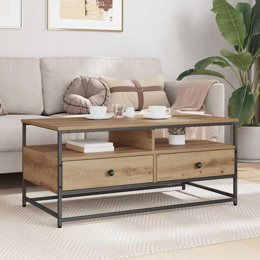 Mesa de centro de roble Artisan, 100 x 51 x 45 cm, de material de madera con 2 estantes y cajón, mesa auxiliar industrial pequeña para salón, moderna y robusta para sofá o sillón