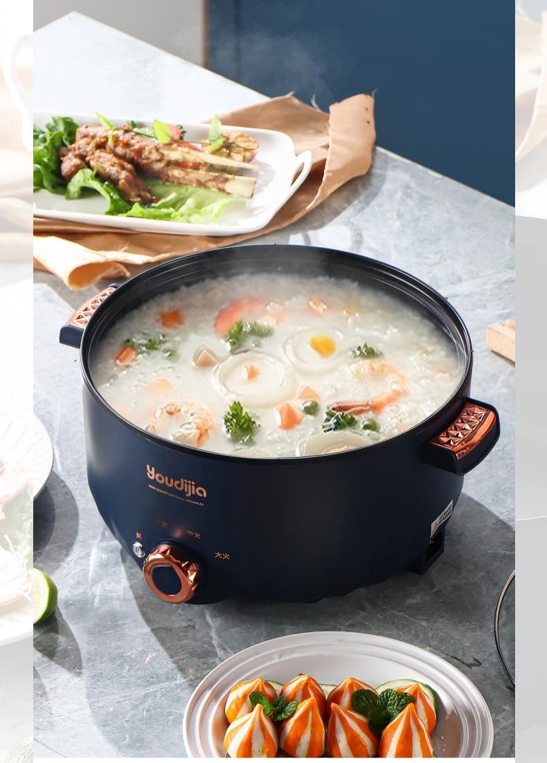 Youdijia Electric Skillet, Multifunctional Non-Stick Ceramic Pot, 26CM, White, Glass Lid, Keep Warm, Corded Electric