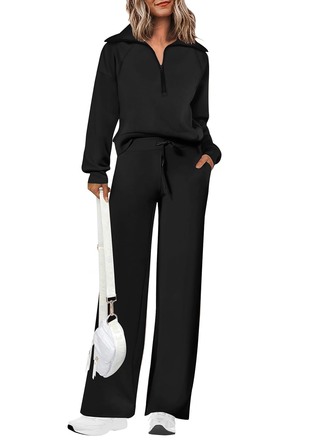 PRETTYGARDEN Womens 2 Piece Outfits Casual Lapel Half Zip Sweatshirts and Wide Leg Pants Tracksuit Sets