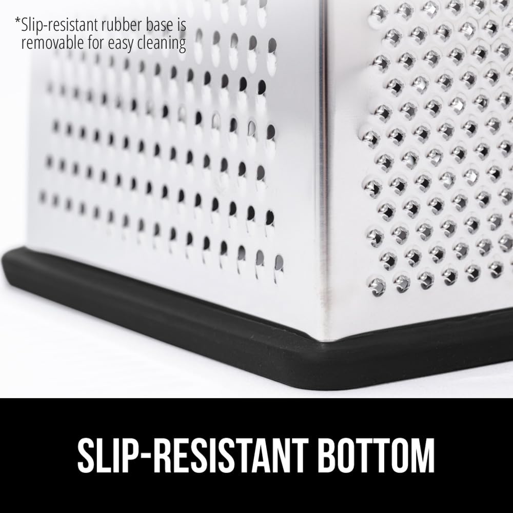 GORILLA GRIP Grattugia XL per formaggio a 4 lati in acciaio inox con contenitore di misurazione, senza BPA, base antiscivolo, griglia per parmigiano duro, verdure tritate, scorza di agrumi, lavabile