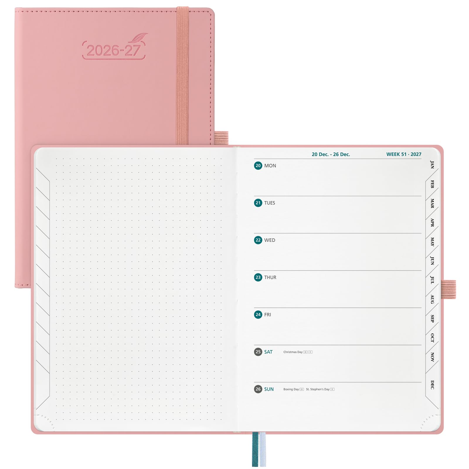 BEZEND A5 Academic Diary 2026-2027 Week to View with Note Pages (Jul 26-Dec 27) Equal Weekend. Weekly Planner Notebook with Monthly Tabs & 90 GSM Paper for Home School Office, Hardback, Pink