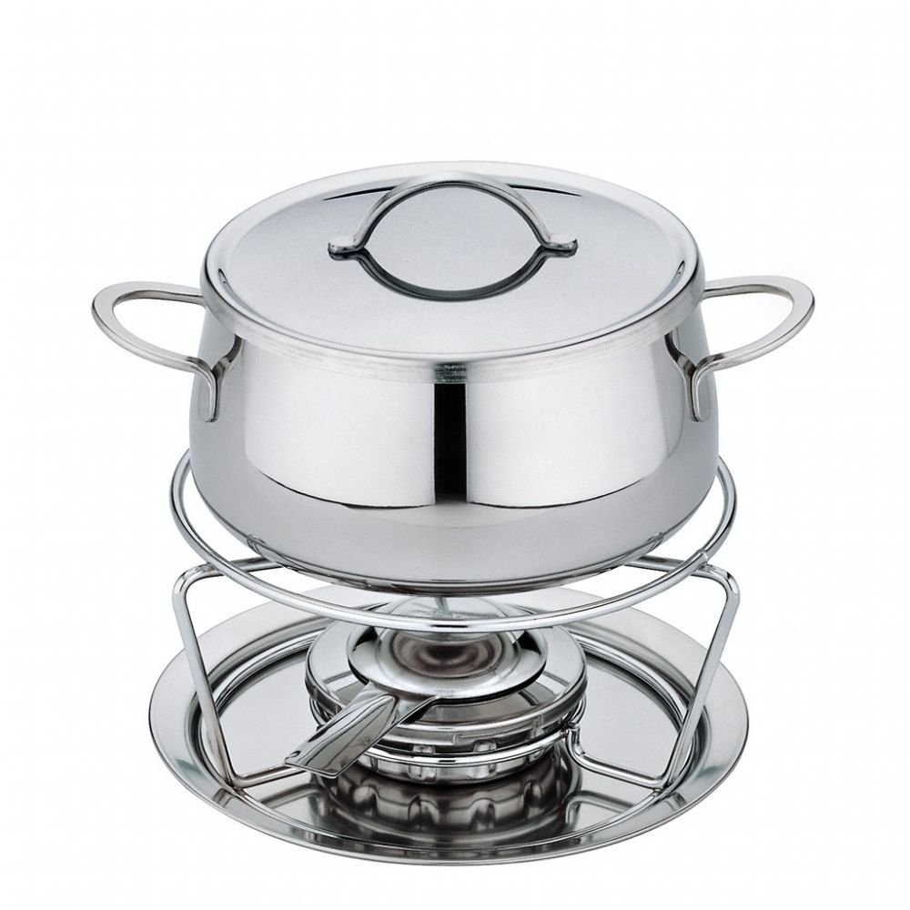 Spring 2621406018 Swiss Eco Fondue-Garnitur, Edelstahl, silber, 27,2 x 28,8 x 30,4 cm | Fondue-Garnitur aus poliertem Edelstahl, für Fleisch- und Käsefondue, Rechaud mit Pastenbrenner, 6 Gabeln mit Widerhaken
