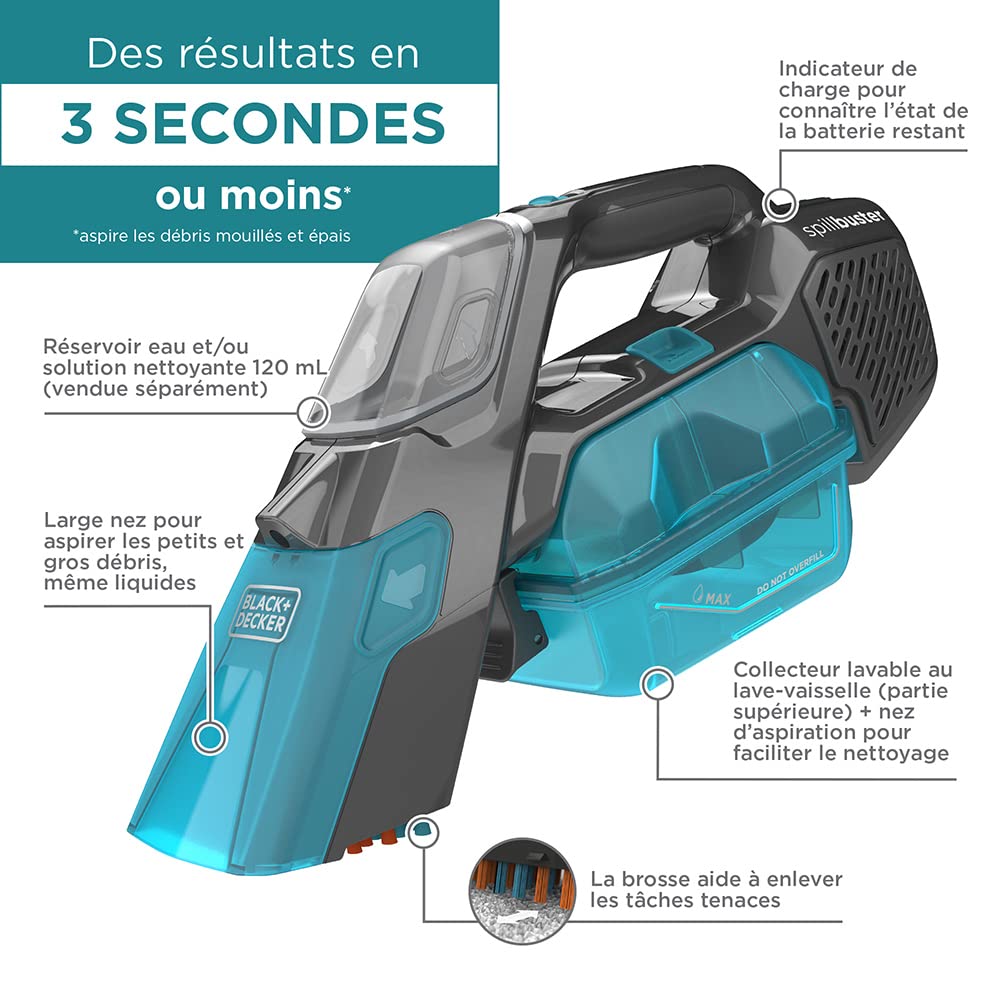 Black+Decker BHSB315J, Aspirador Quita Manchas Manual 12 V 1.5 Ah, Diseño Ergonómico, Filtro Extraíble y Lavable, Depósito 250 ml