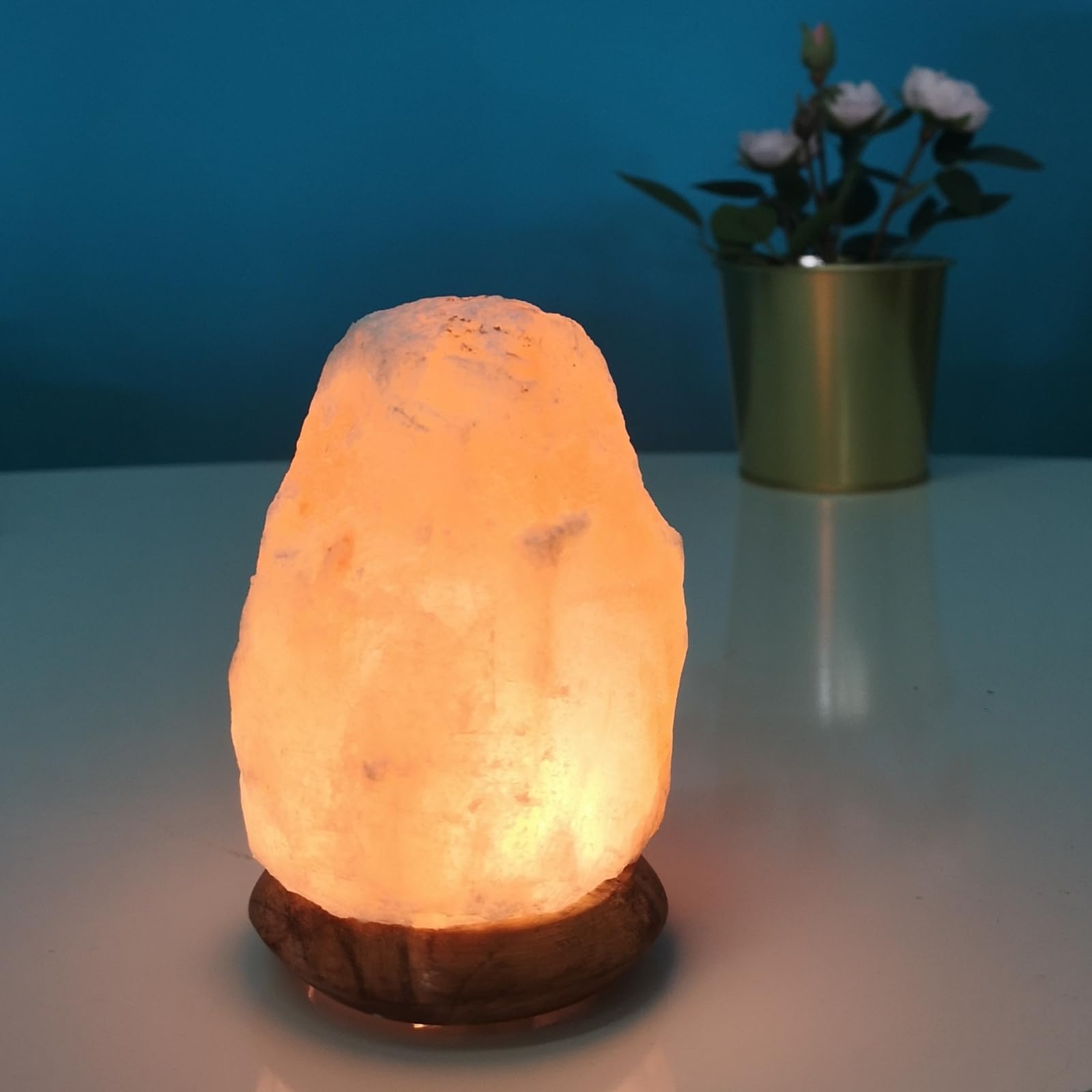 Himalajska Rock Sól Kryształowa Lampa USB - 100% Autentyczny Naturalny Kryształ Sól Himalajska - Ręcznie rzeźbiony - Drewniana podstawa - Dołączony kabel zasilający USB - Około 500g - Zen'Light